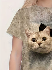 Girls 3D Cat Graphic Crew Neck T shirt Short Sleeve Summer Clothes