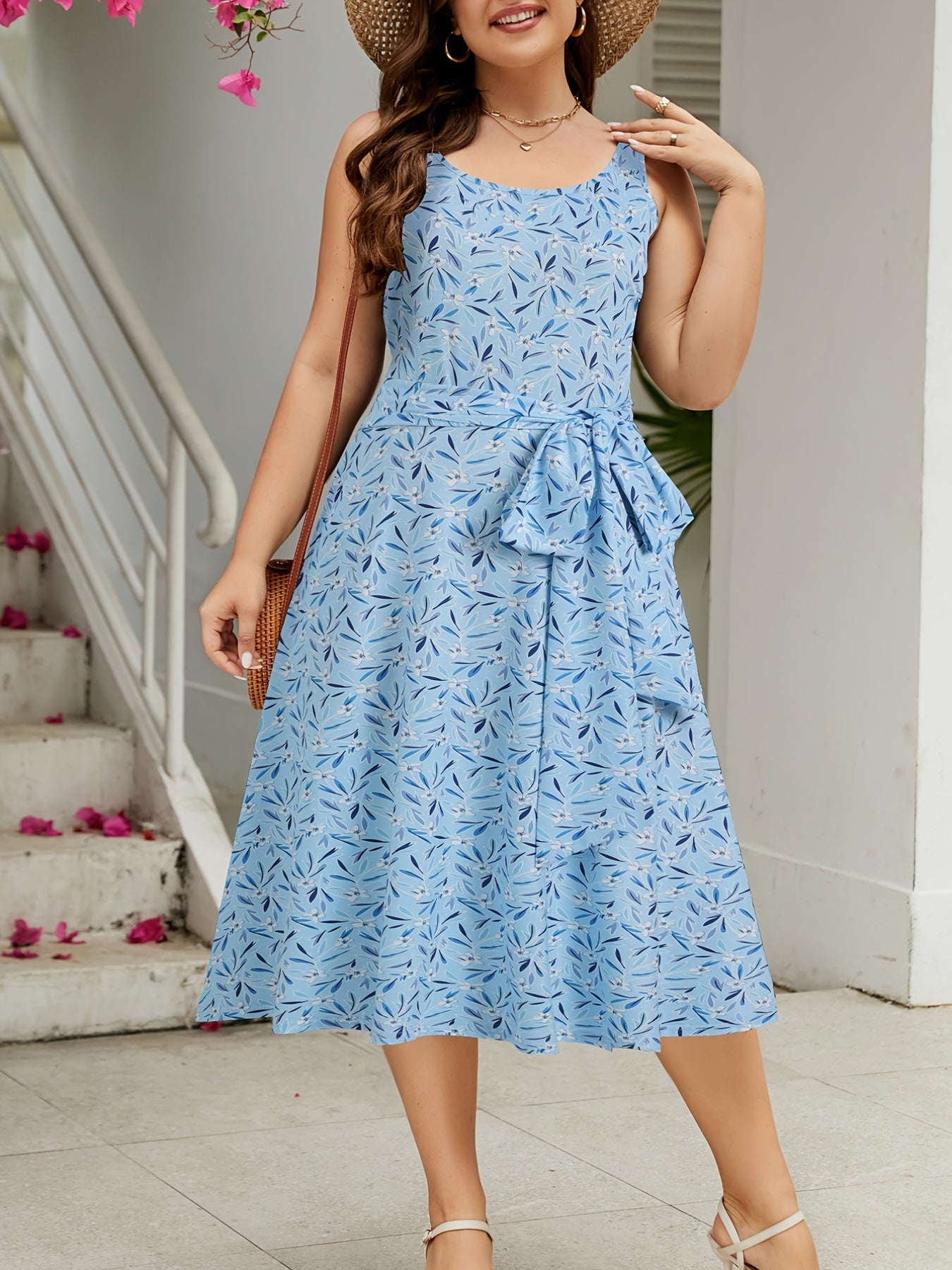 Plus Size Ditsy Print Belted Dress With Belt