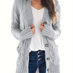 Women's Plus Solid Cable Button Up Cardigan With Pockets