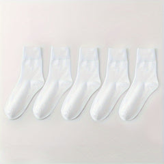 5 Pairs Women's Comfy & Breathable Mid Tube Socks Solid Color Stockings