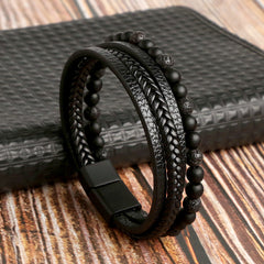 Layered Braided Leather Bracelet Tiger Eyestone Beaded Punk Accessory