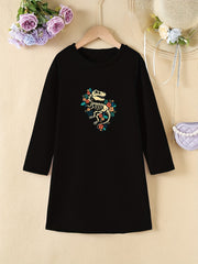 Girls' Floral Dino Bones Print Long Sleeve A-line Dress