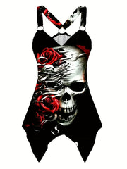  Gothic Skull & Rose Print Cami Top