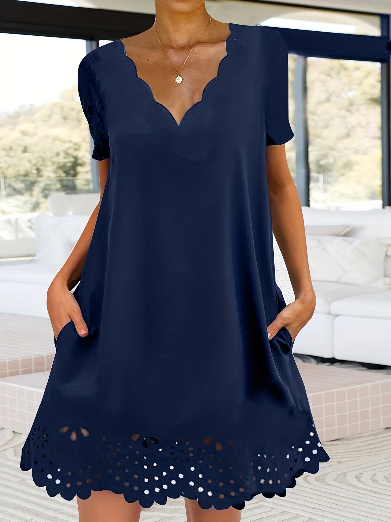  Casual Dress Women's Solid Cut Out Scalloped Trim Dress