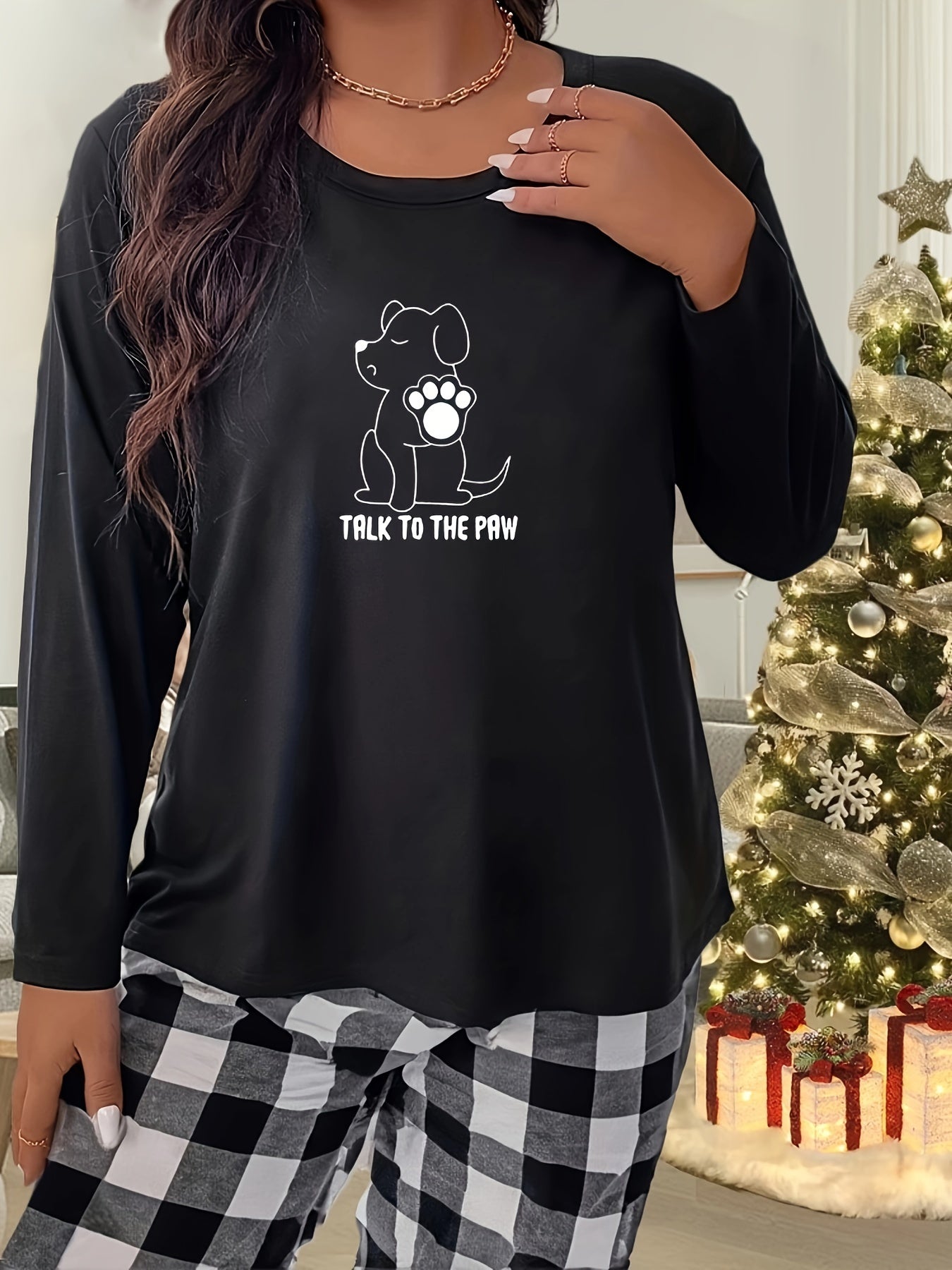  Puppy Graphic Long Sleeve Crew Neck Stretch Home Wear Tee