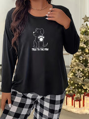  Puppy Graphic Long Sleeve Crew Neck Stretch Home Wear Tee