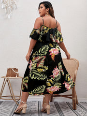  Floral Print Cold Shoulder Ruffle Dress