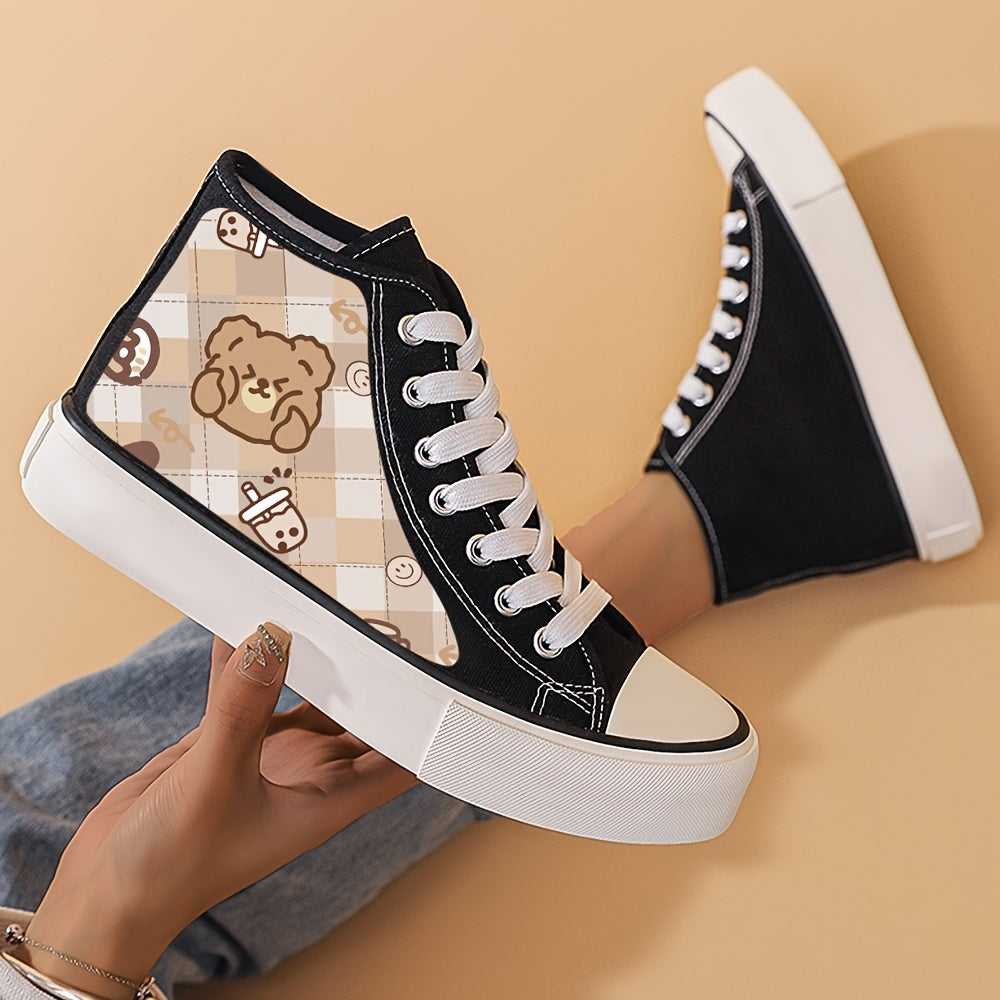 Bear Print High Top Canvas Sneakers Breathable Round Toe Lace Up Skate Shoes