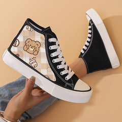 Bear Print High Top Canvas Sneakers Breathable Round Toe Lace Up Skate Shoes