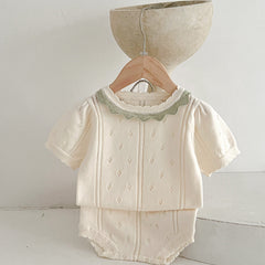 2pcs Baby Girls Hollow Out Knit Top & Shorts Set