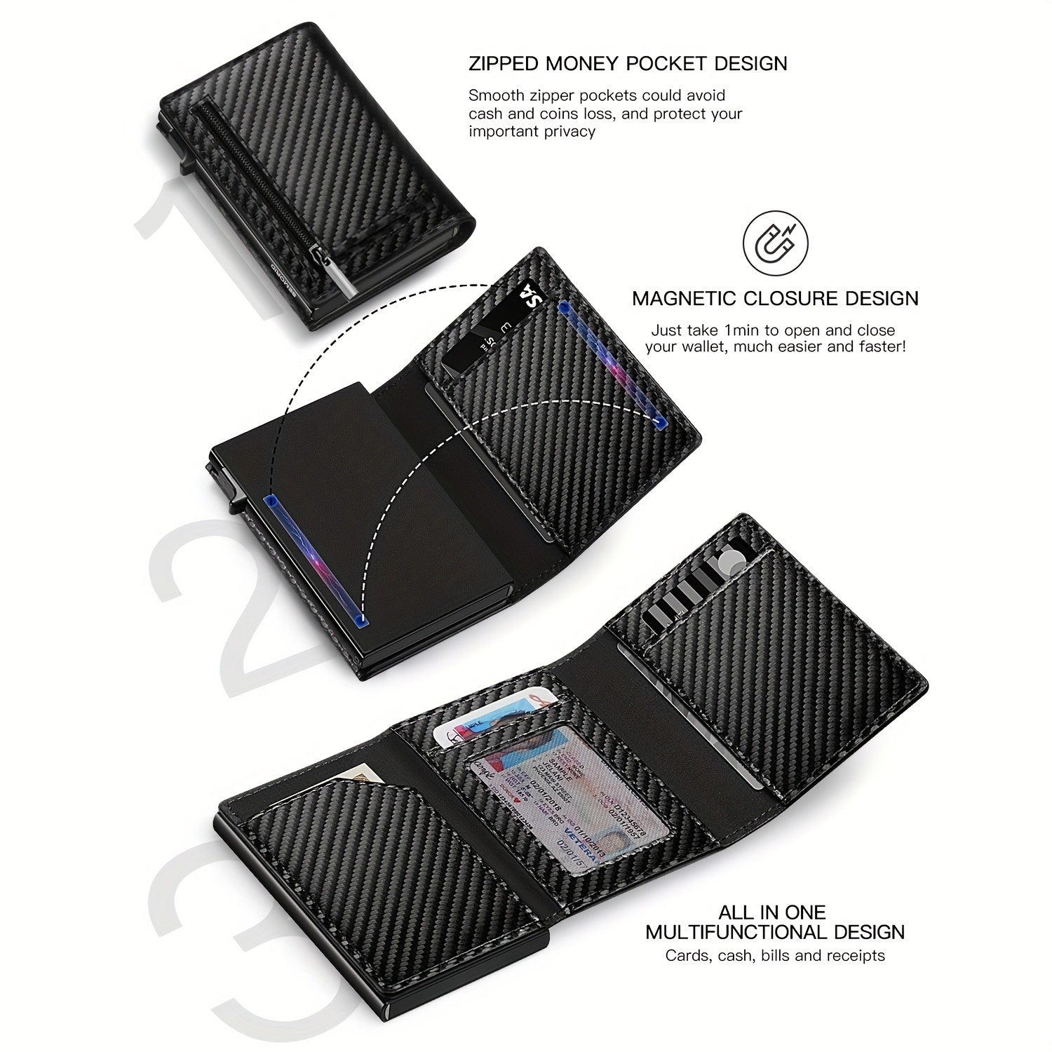 Men's Carbon Fiber RFID Blocking Card Holder with Zipper Coin Purse