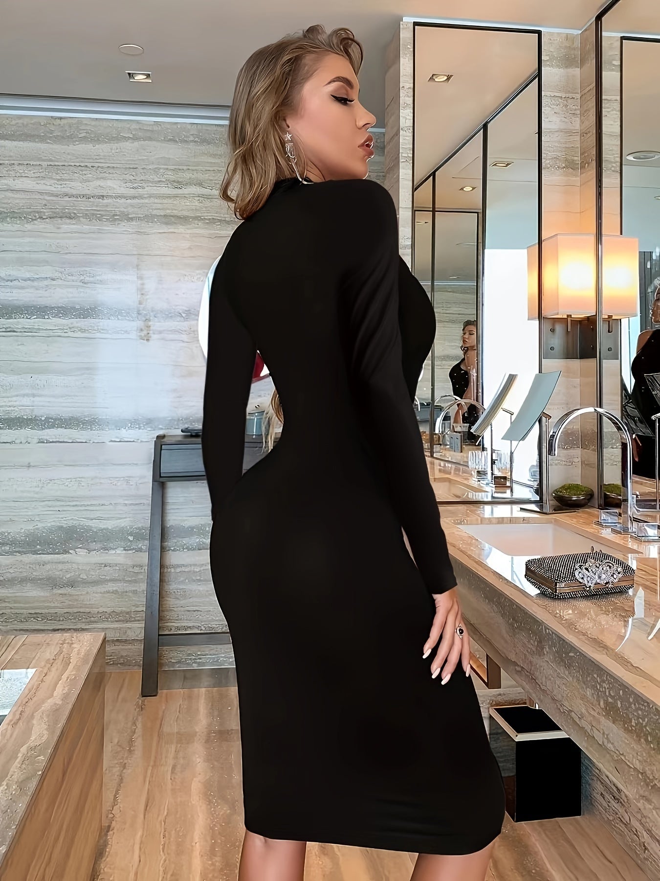  Sexy Bodycon Dress Long Sleeve Round Neck Slim Fit