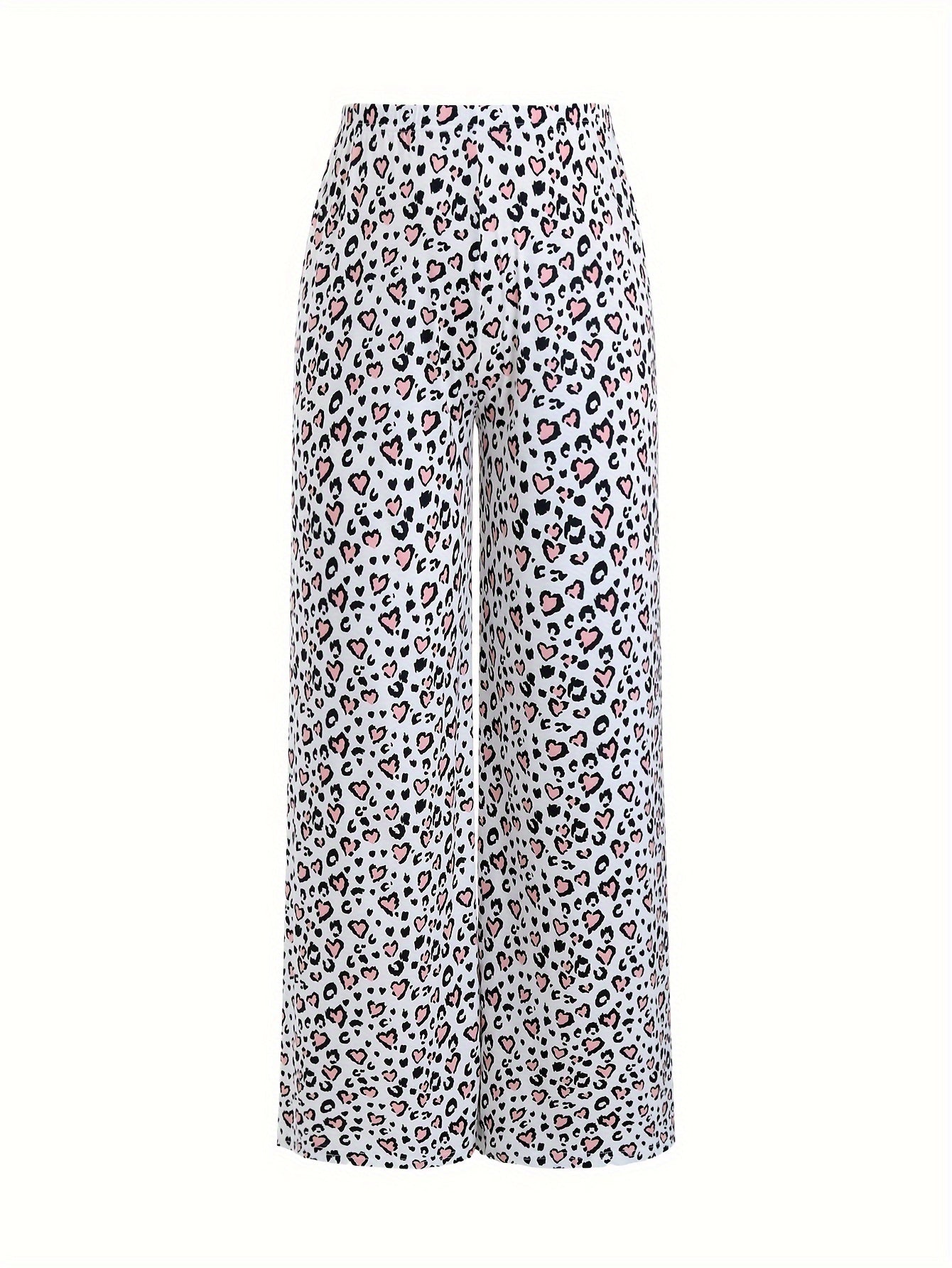  Heart Leopard Pajama Set Short Sleeve Tee & Pants Home Wear