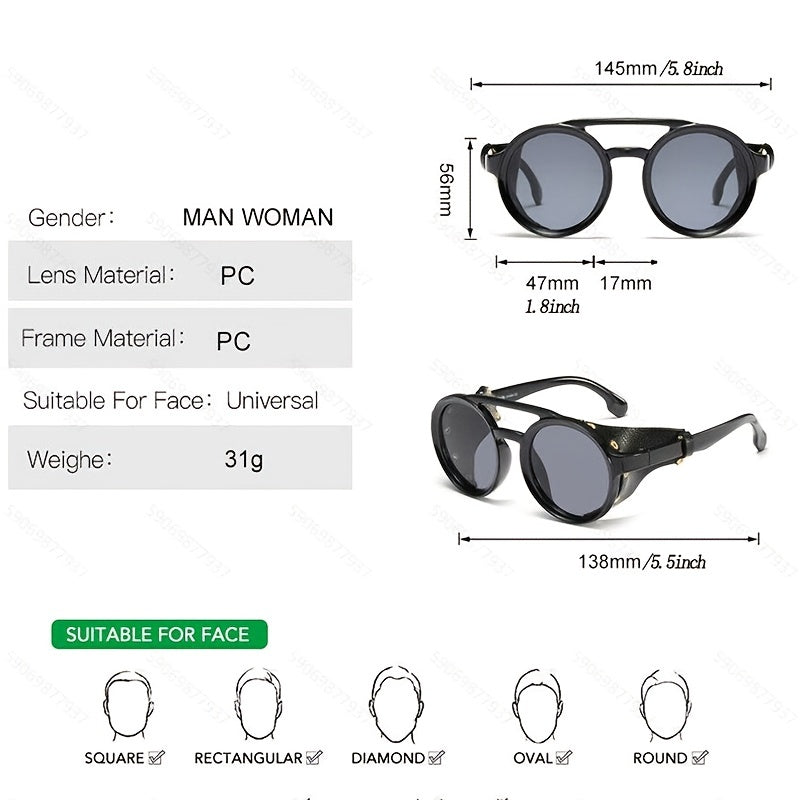 Vintage Round Frame Punk Steam Leather Sunglasses