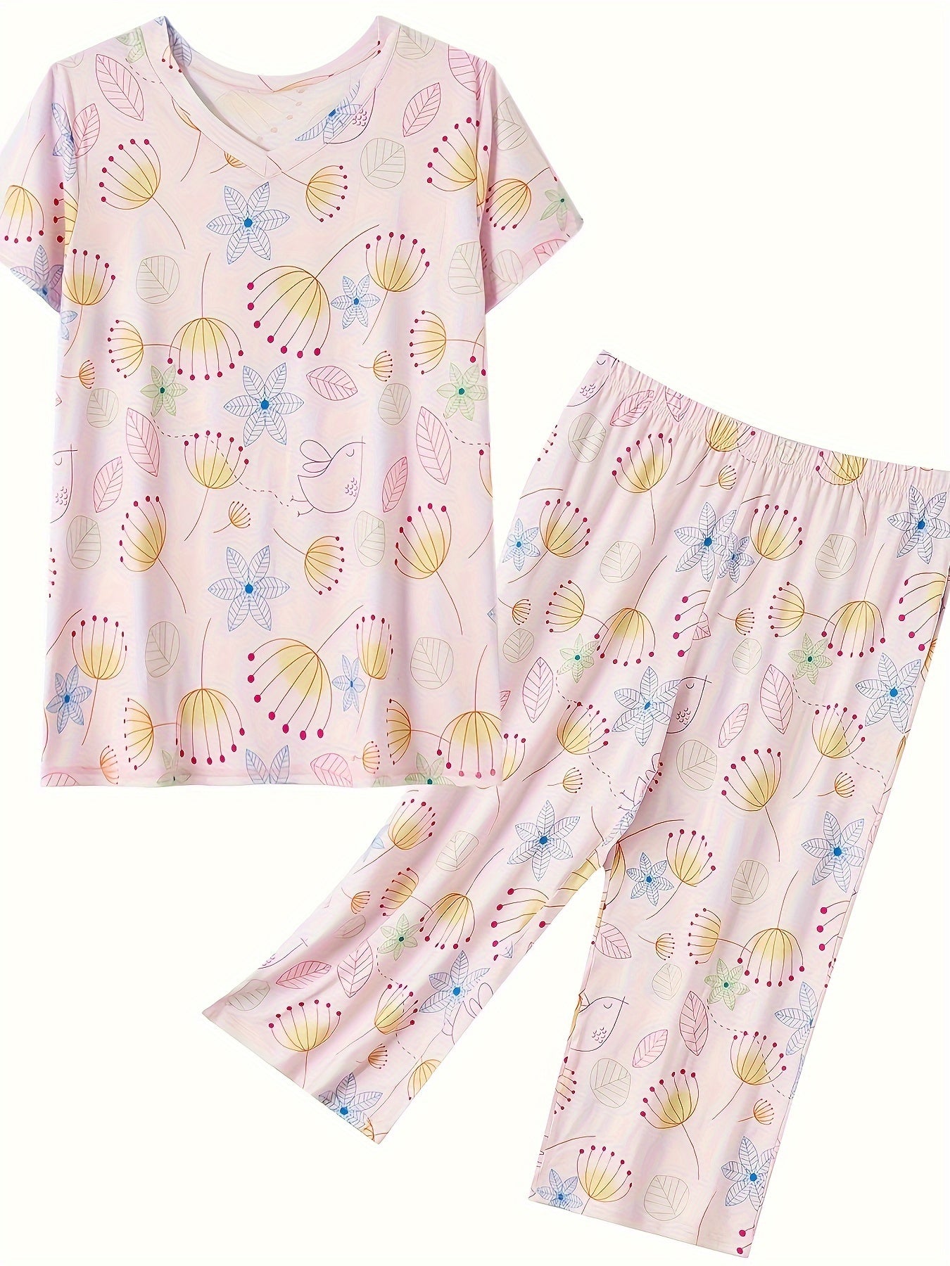 Floral Print Pajama Set V Neck Top & Lounge Pants Women's Sleepwear