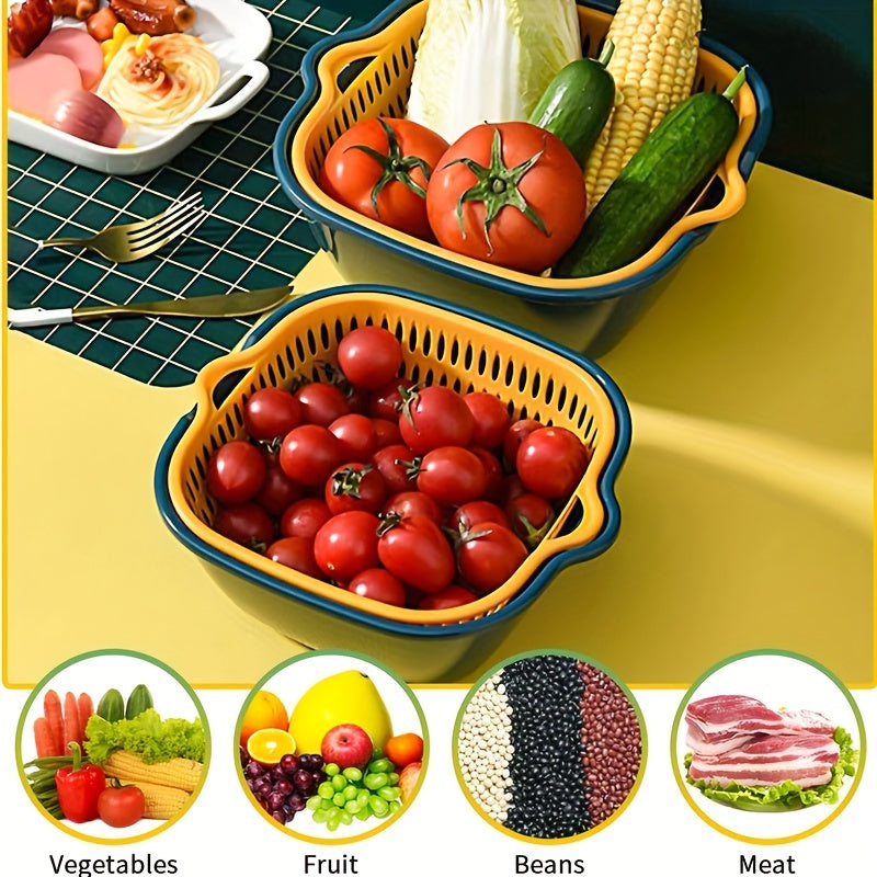2-in-1 Vegetable Washing Basket Set - Drain Basin & Strainer for Food Cleaning