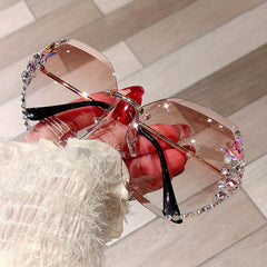 Rhinestone Rimless Sunglasses UV400 Gradient Glasses