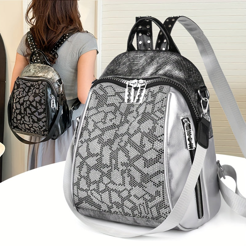Snakeskin Pattern Backpack Purse Vintage Rhinestone Travel Schoolbag