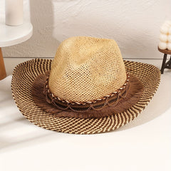 Gradient Jazz Cowboy Hat Vintage Western Straw Sun Hat Hollow Out Breathable Cla