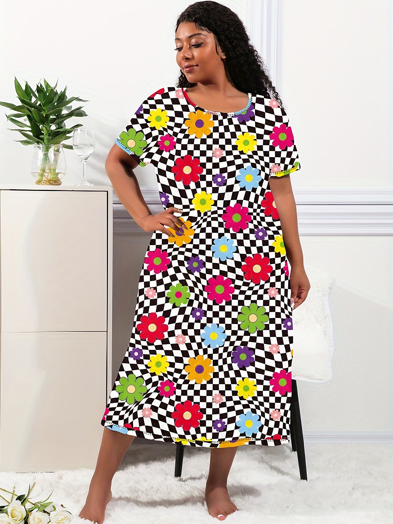  Checkered & Floral Print Tee Nightdress
