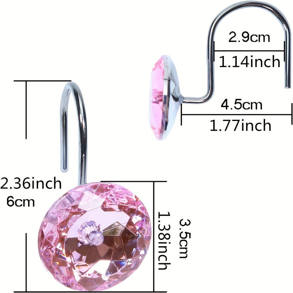 12pcs Pink Rhinestone Shower Curtain Hooks Decorative Round Shower Curtain Rings