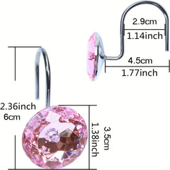12pcs Pink Rhinestone Shower Curtain Hooks Decorative Round Shower Curtain Rings