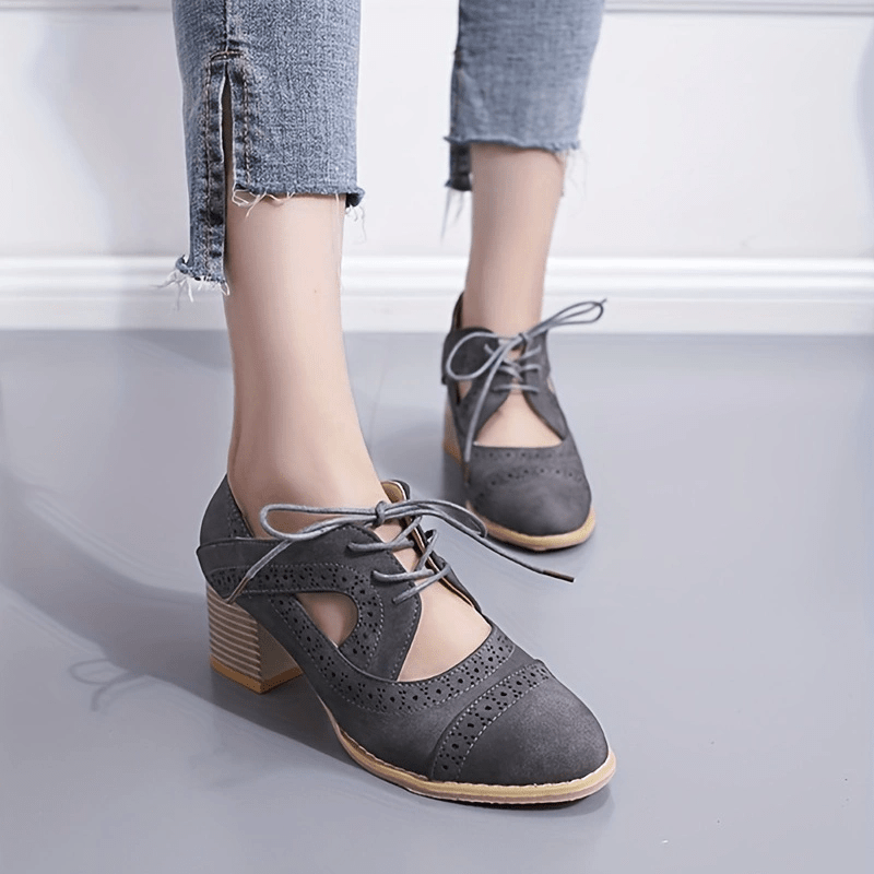 Women's Perforated Brogues Chunky Heels Cut out Lace Up Pointed Toe Short Boots