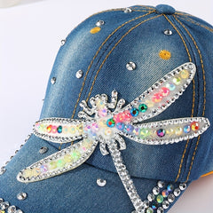 Dragonfly Patch Denim Baseball Cap Rhinestone Washed Distressed Dad Hat