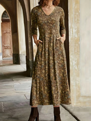  Floral Print Long Sleeve V Neck Dress With Pockets