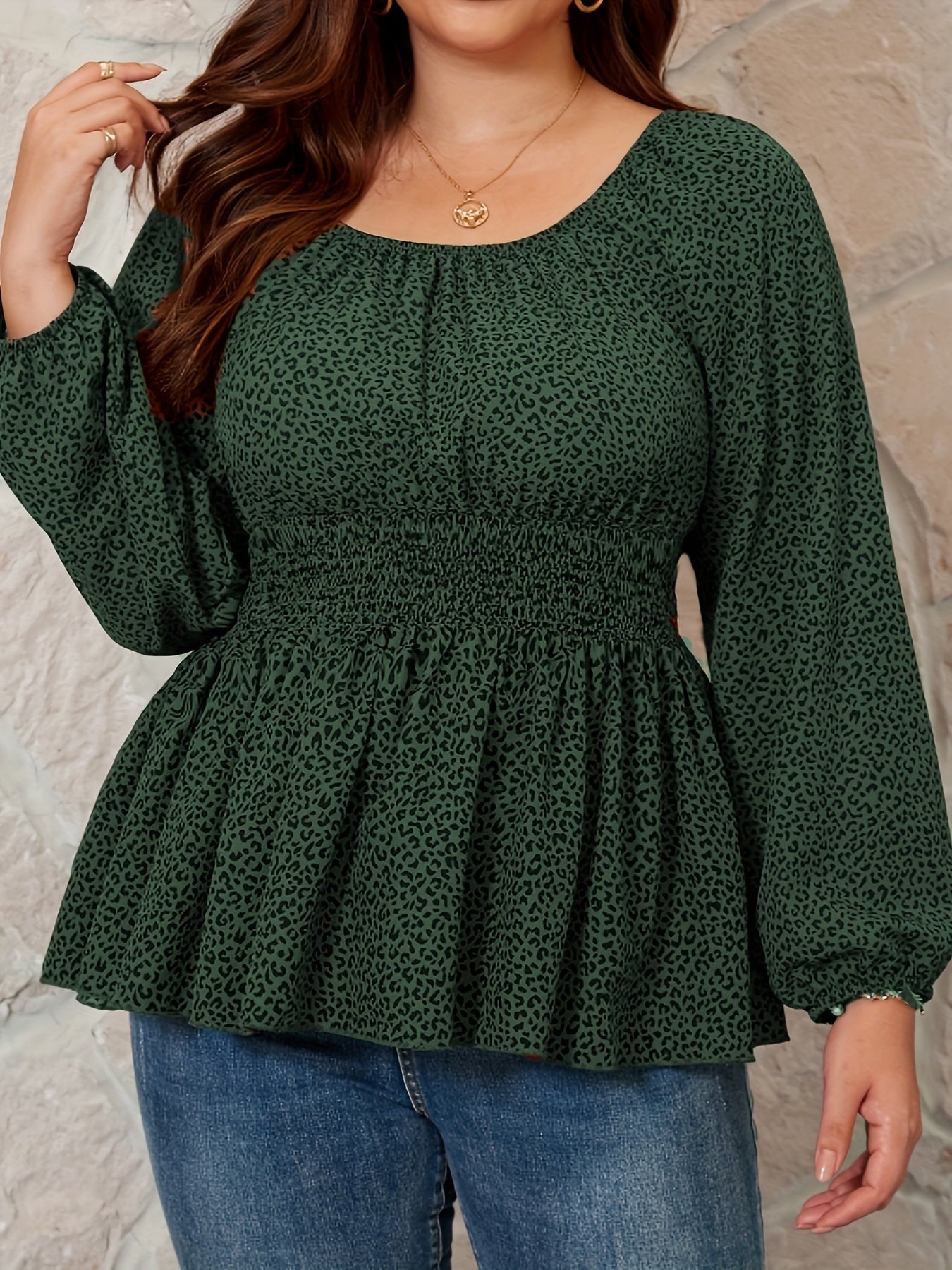  Leopard Print Lantern Sleeve Peplum Top