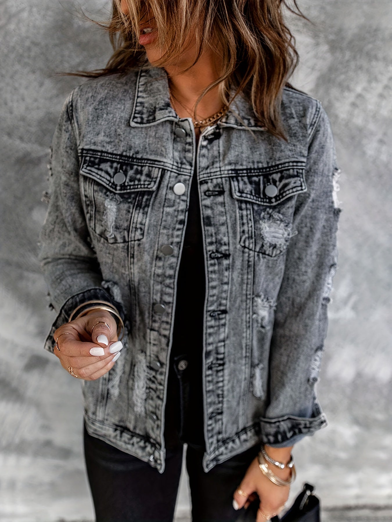  Casual Denim Jacket Women's Washed Ripped Collar Denim Jacket
