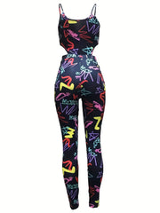 Graffiti Print Cut Out Jumpsuit Sexy Spaghetti Strap Sleeveless Jumpsuit