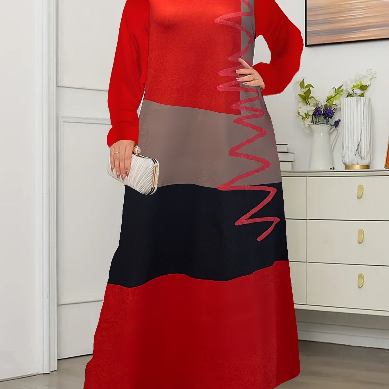  Colorblock Long Sleeve Maxi Dress