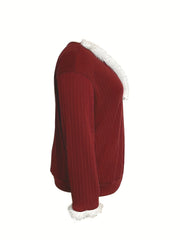  Colorblock Jacquard Fuzzy Trim V Neck Sweater