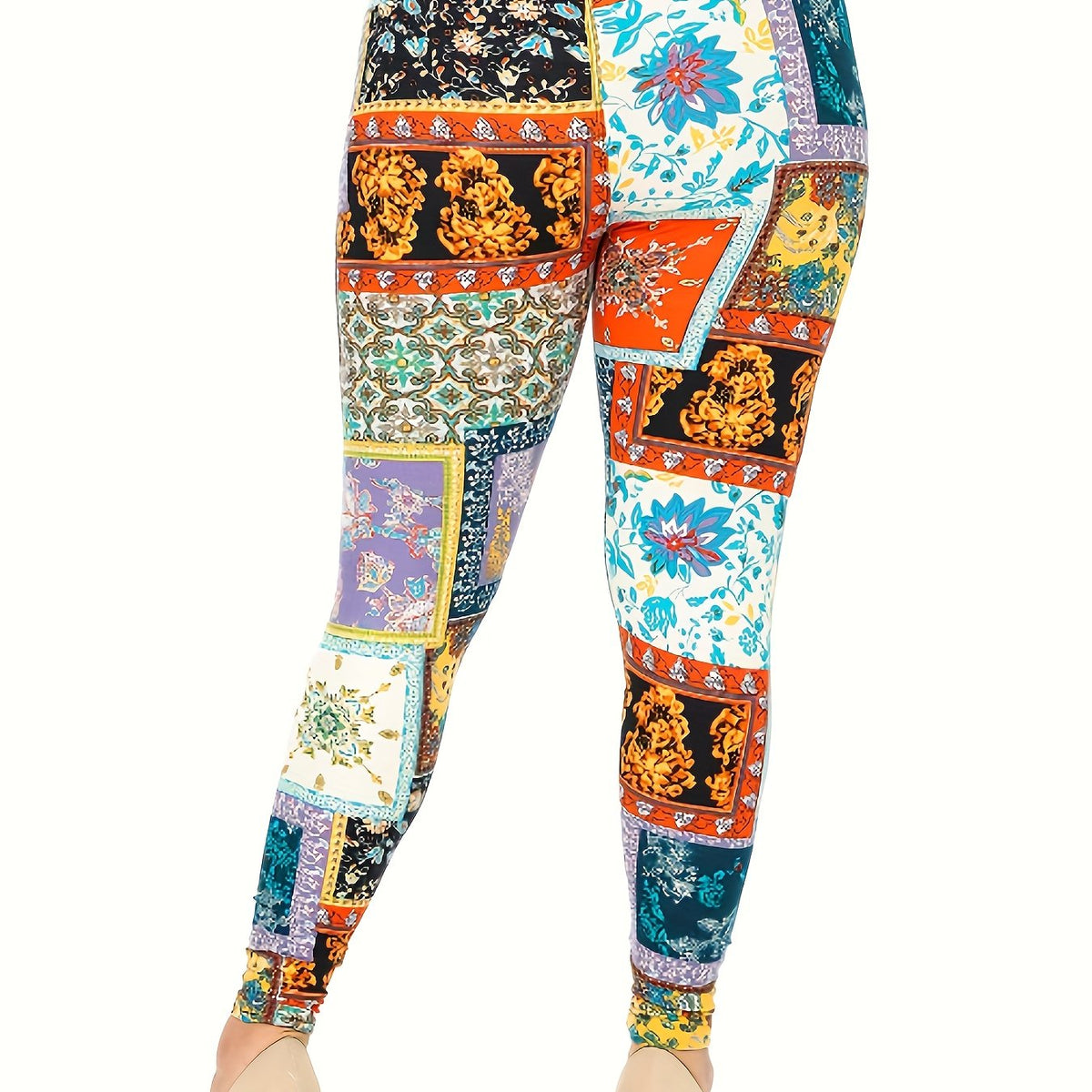 Boho Patchwork Print Plus Size High Rise Leggings