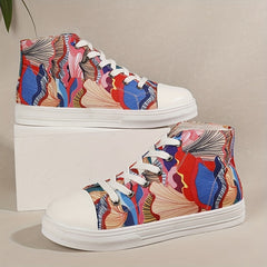 Women's Printed Canvas Mid Top Lace Up Sneakers Lightweight Shoes