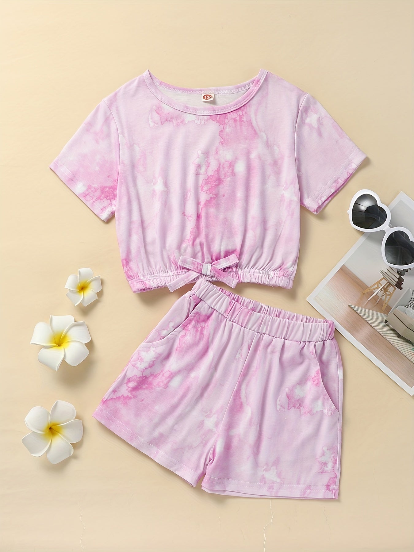 2pcs Toddler Girls Tie Dye Bow T Shirts & Shorts Set Kids Summer Clothes