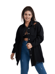  Oversized Denim Jacket with Fringe Trim