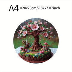 Plywood Puzzle 500 Pieces Vibrant Peach Tree with Mushrooms & Flowers