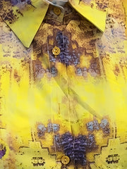 Geometric Print Distressed Blouse Button-Up Collar Shirt