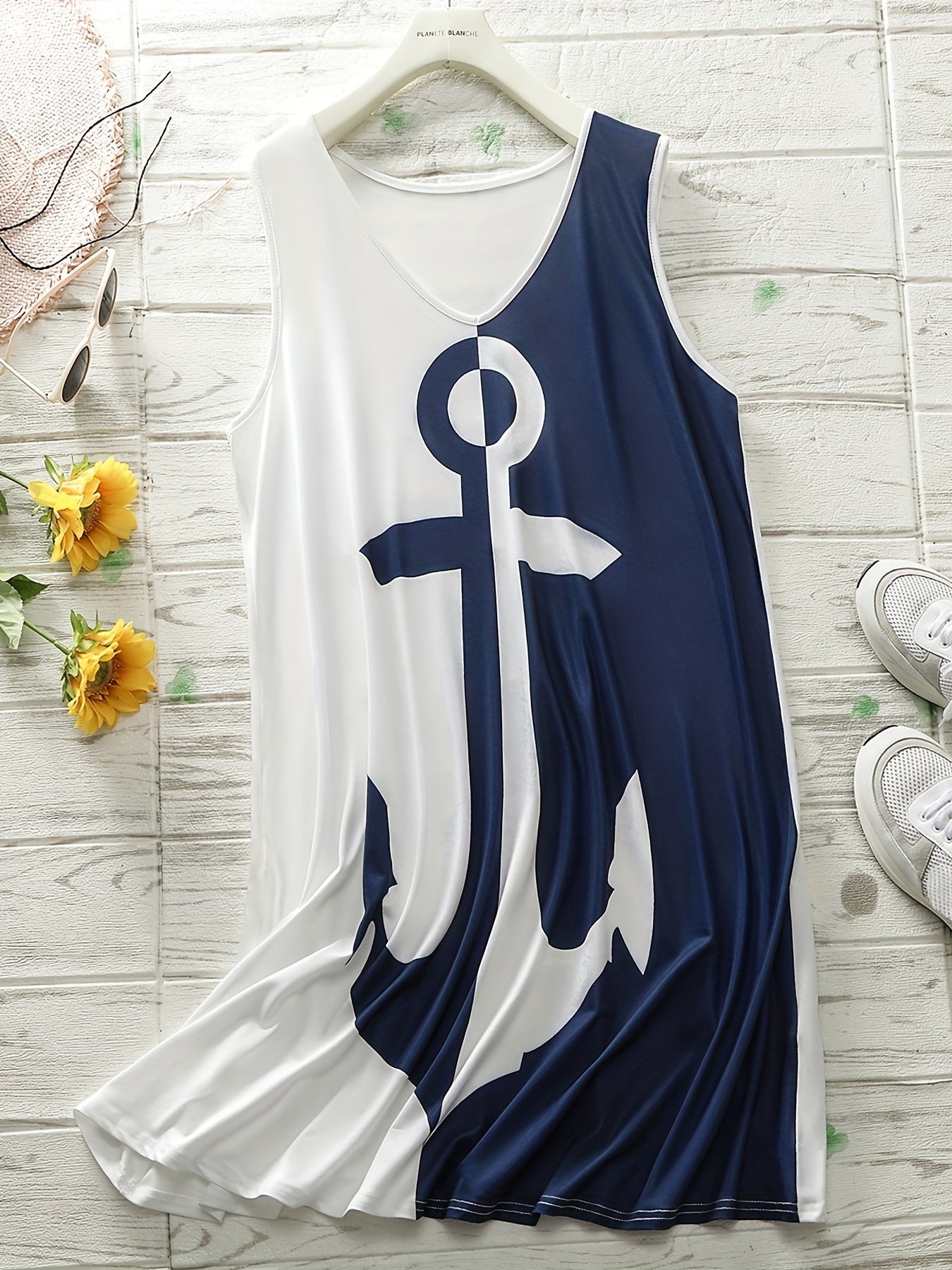  Anchor Print V Neck Tank Dress