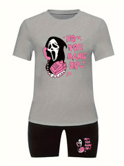  Skull Print Top & Biker Shorts Set