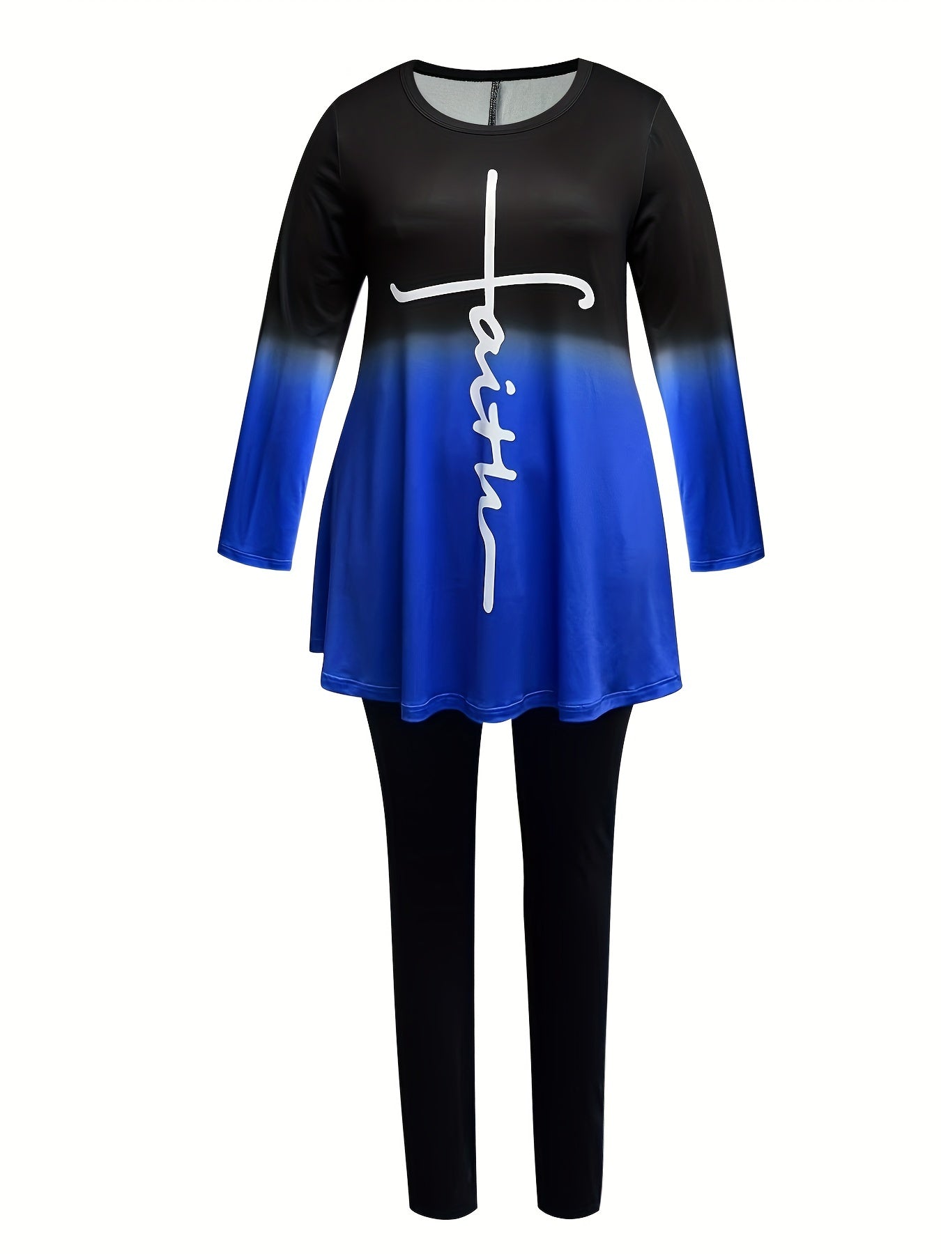 Women's Plus Ombre & Cross Letter Long Sleeve Crew Neck Top & Pants Outfits Set