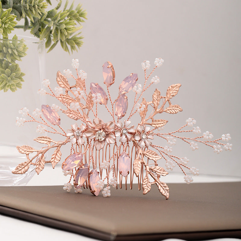 Rose Gold Hair Comb Crystal Floral Leaf Bridal Wedding Headpiece