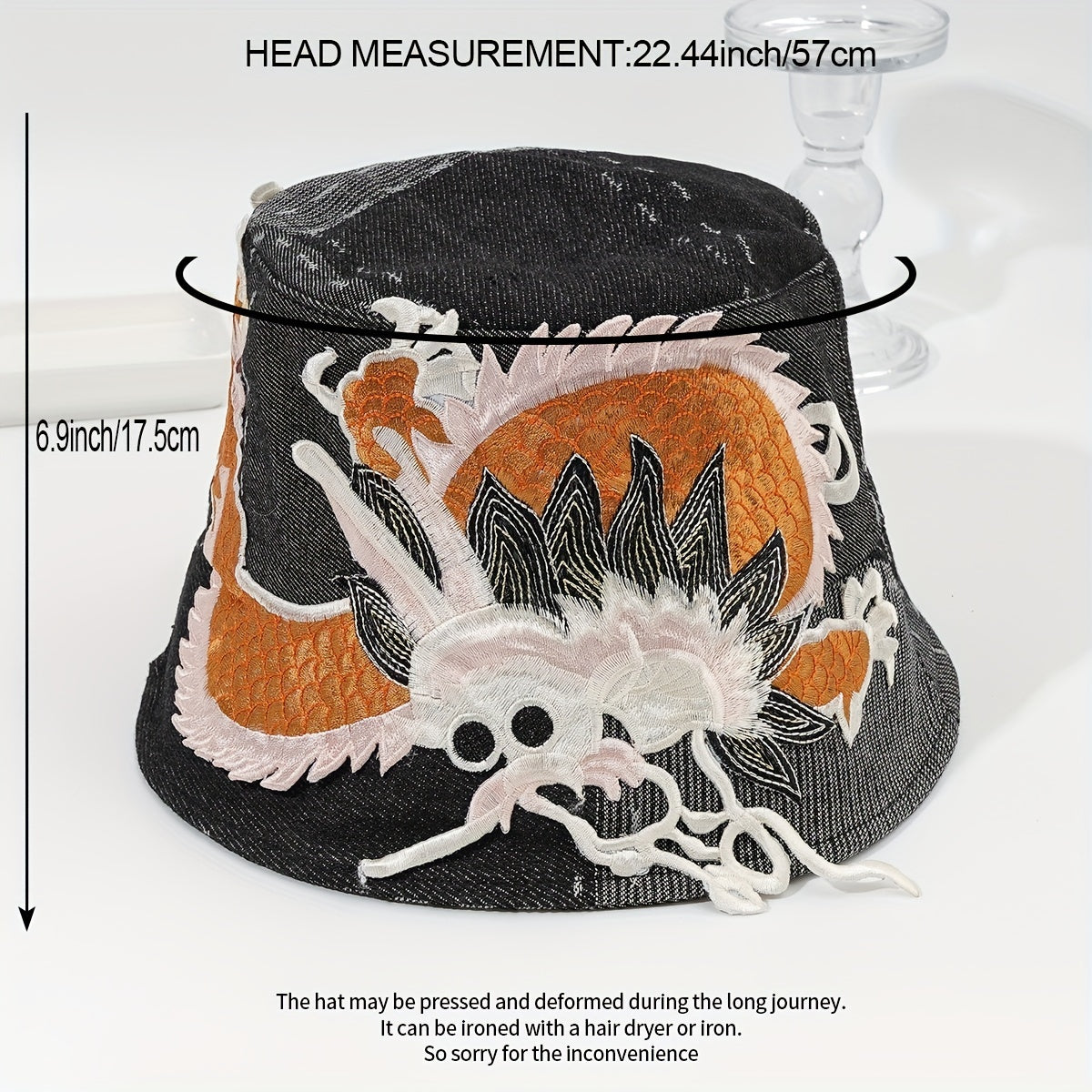 Dragon Embroidery Washed Denim Bucket Hat Sunshade Retro Style Basin Hat