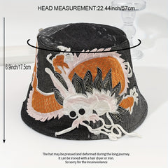 Dragon Embroidery Washed Denim Bucket Hat Sunshade Retro Style Basin Hat
