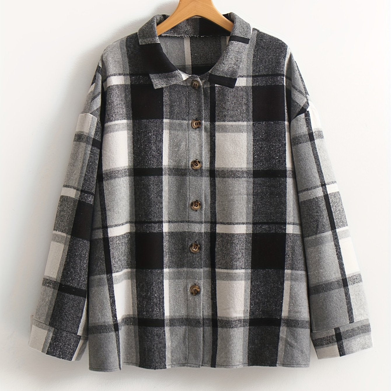  Plaid Print Long Sleeve Button Up Collar Shirt