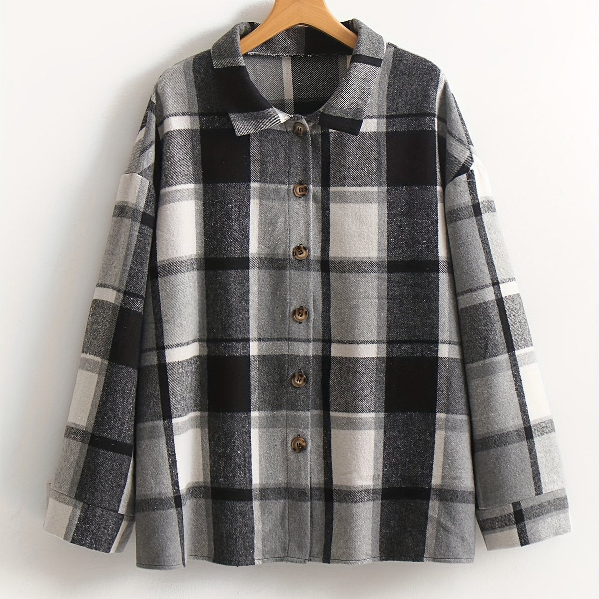  Plaid Print Long Sleeve Button Up Collar Shirt