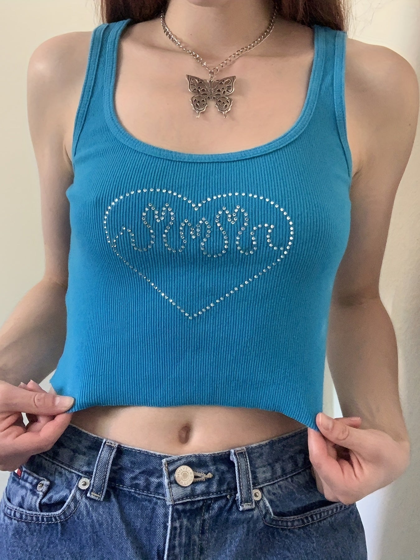 Rhinestone Tank Top Crew Neck Sleeveless Summer Women's Clothing