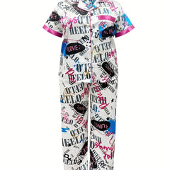  Y2K Pajamas Set Women's Plus Graffiti Print Satin Lounge 2 Piece